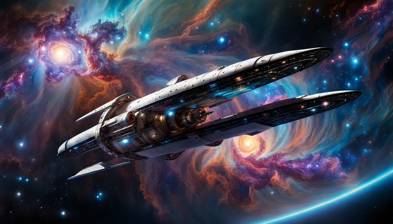 Futuristic Starship Navigating a Cosmic Lightning Wave