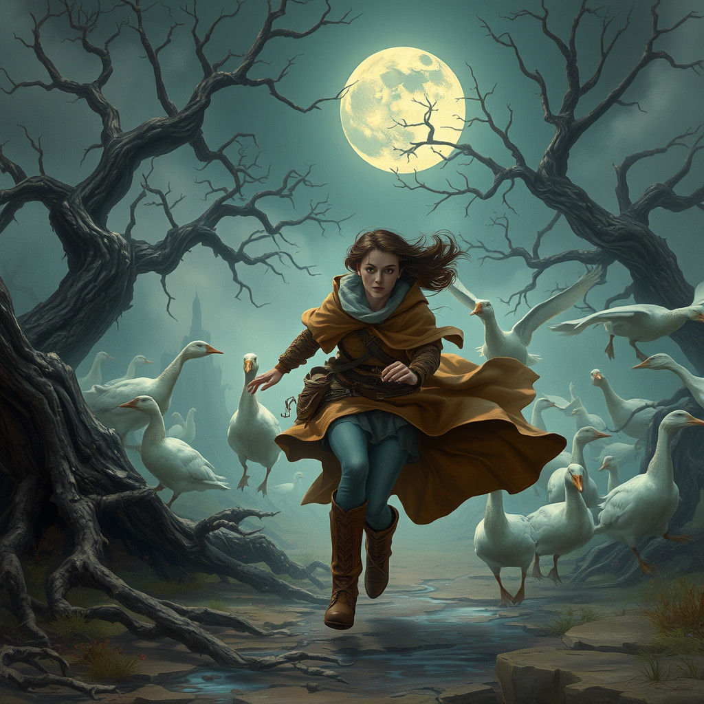 Woman Chasing Geese in Moonlit Landscape