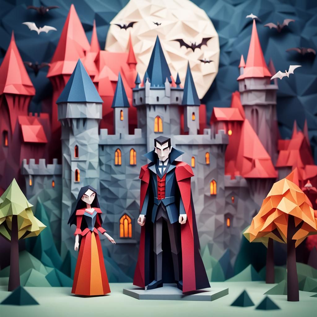 Vampire and Wife in Papercraft Castle Scene