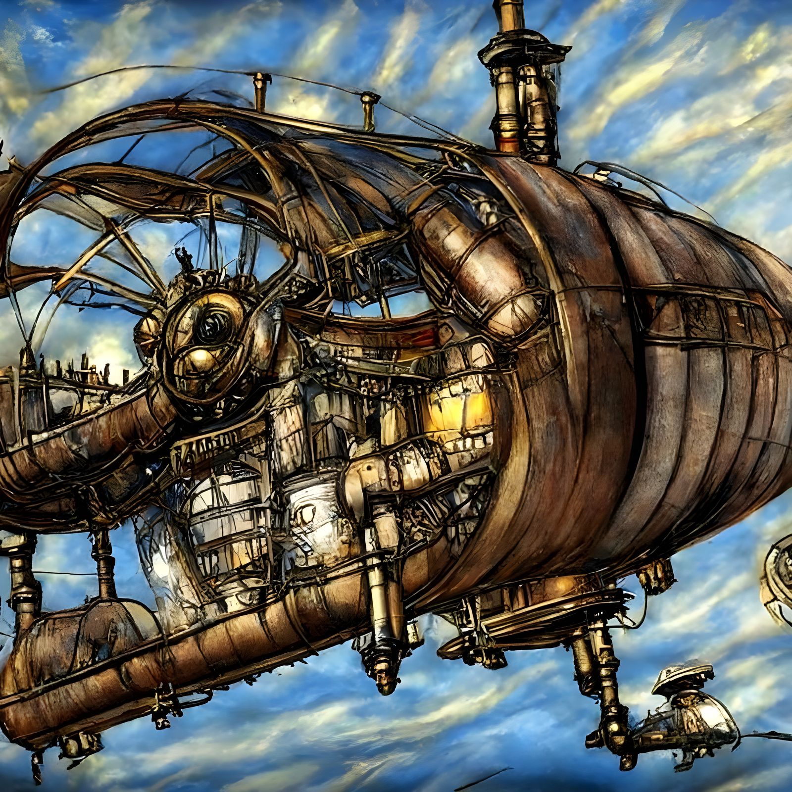 Steampunk Airship at Sunset in Mixed Media Style