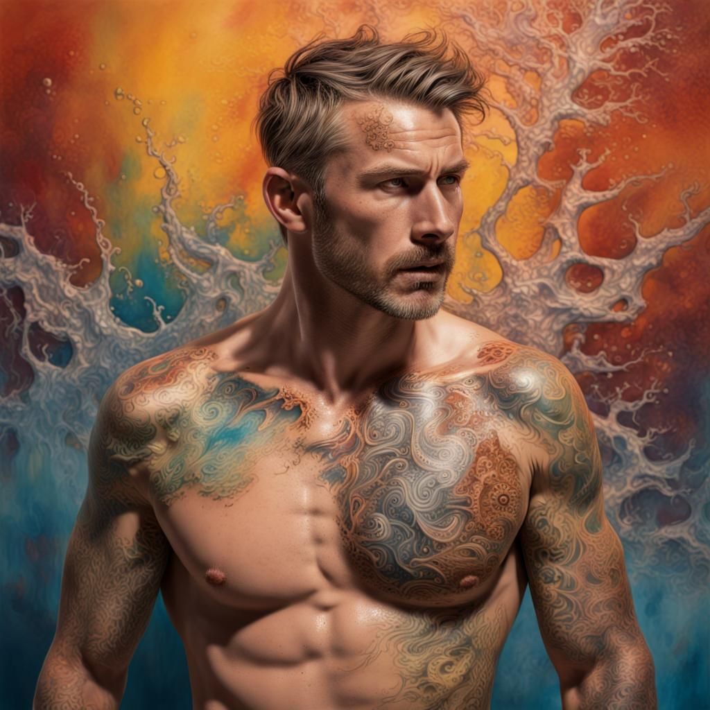 Man with Encaustic Tattoos in Hyperrealistic Splash Art