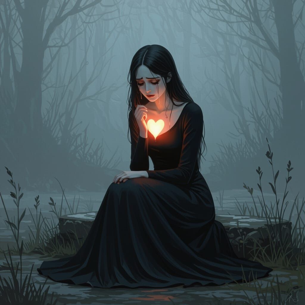 Sorrowful Woman with Glowing Heart in Whimsical Style