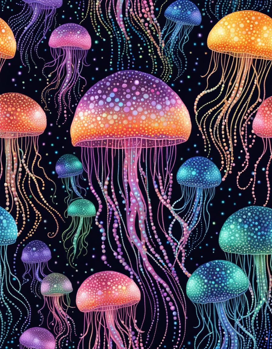 Metallic Neon Jellyfish in Pointillism Style