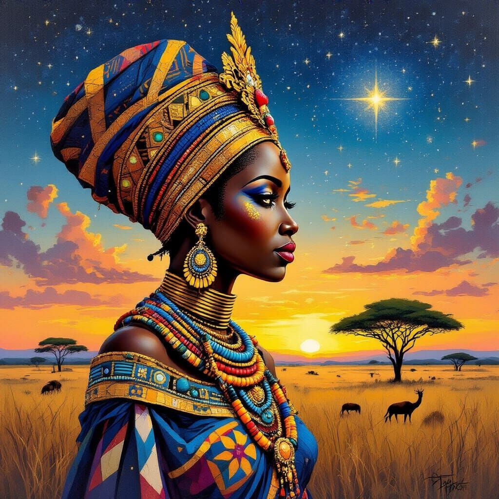 African Queen on Starry Savanna in Oil Gouache Style