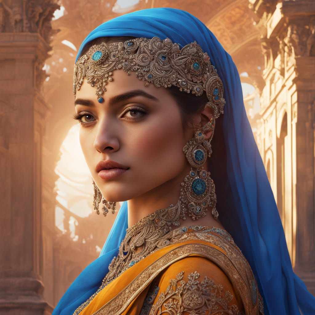 Elegant Woman in Silk Saree: Hyperrealistic Portrait