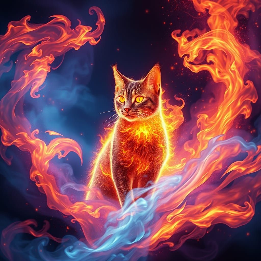 Fiery Cat in Swirling Flames: Digital Art
