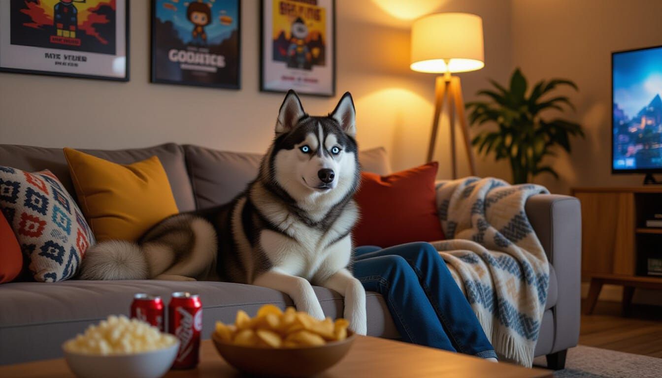 Husky Enjoys Gaming Night in Cozy Apartment