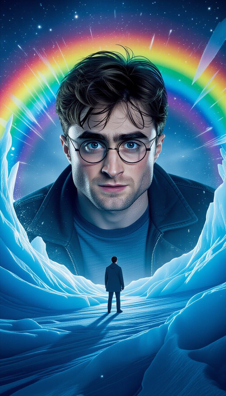 Man at Ice Vortex with Rainbow, Cinematic Lighting