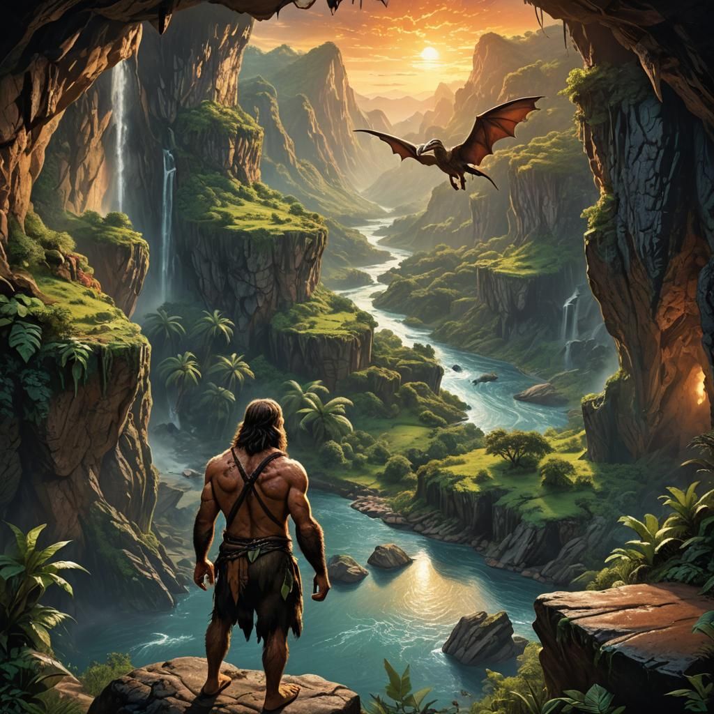 Epic Caveman Gazing at Primeval Landscape