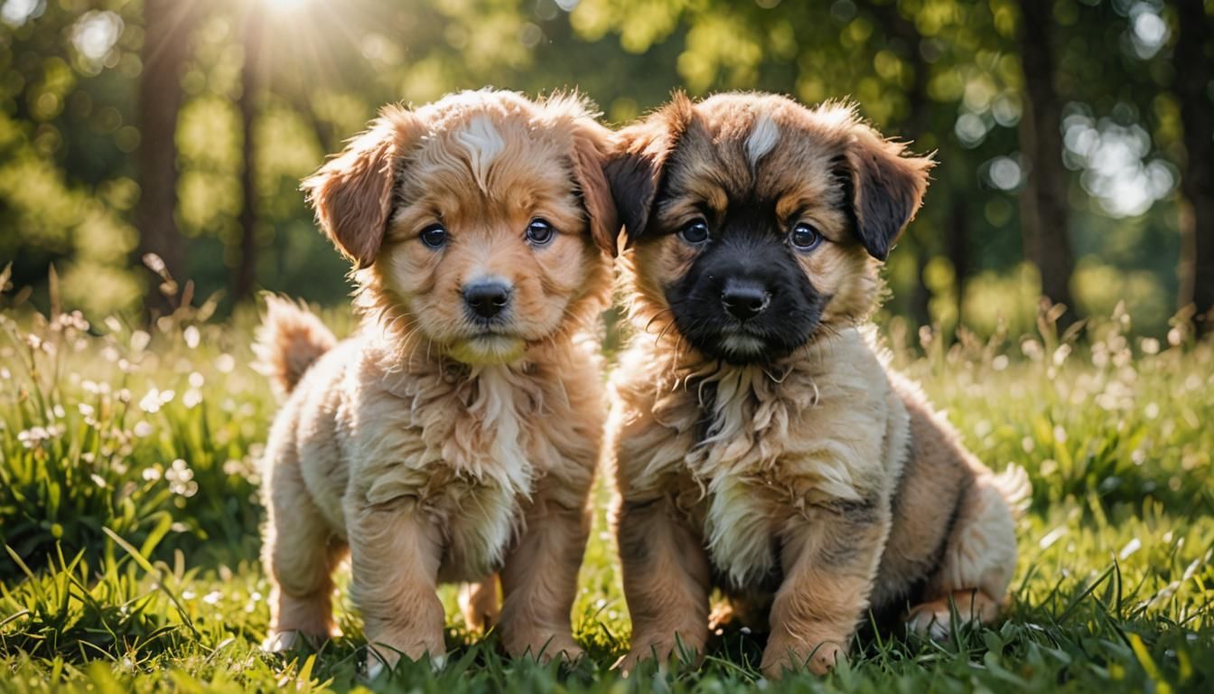 Puppies Play in Sunny Meadow: Animal Portrait Photography