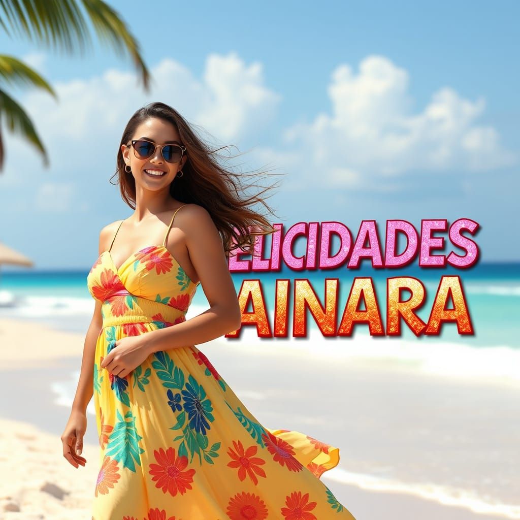 Beautiful Girl Celebrating in Colorful Beach Scene