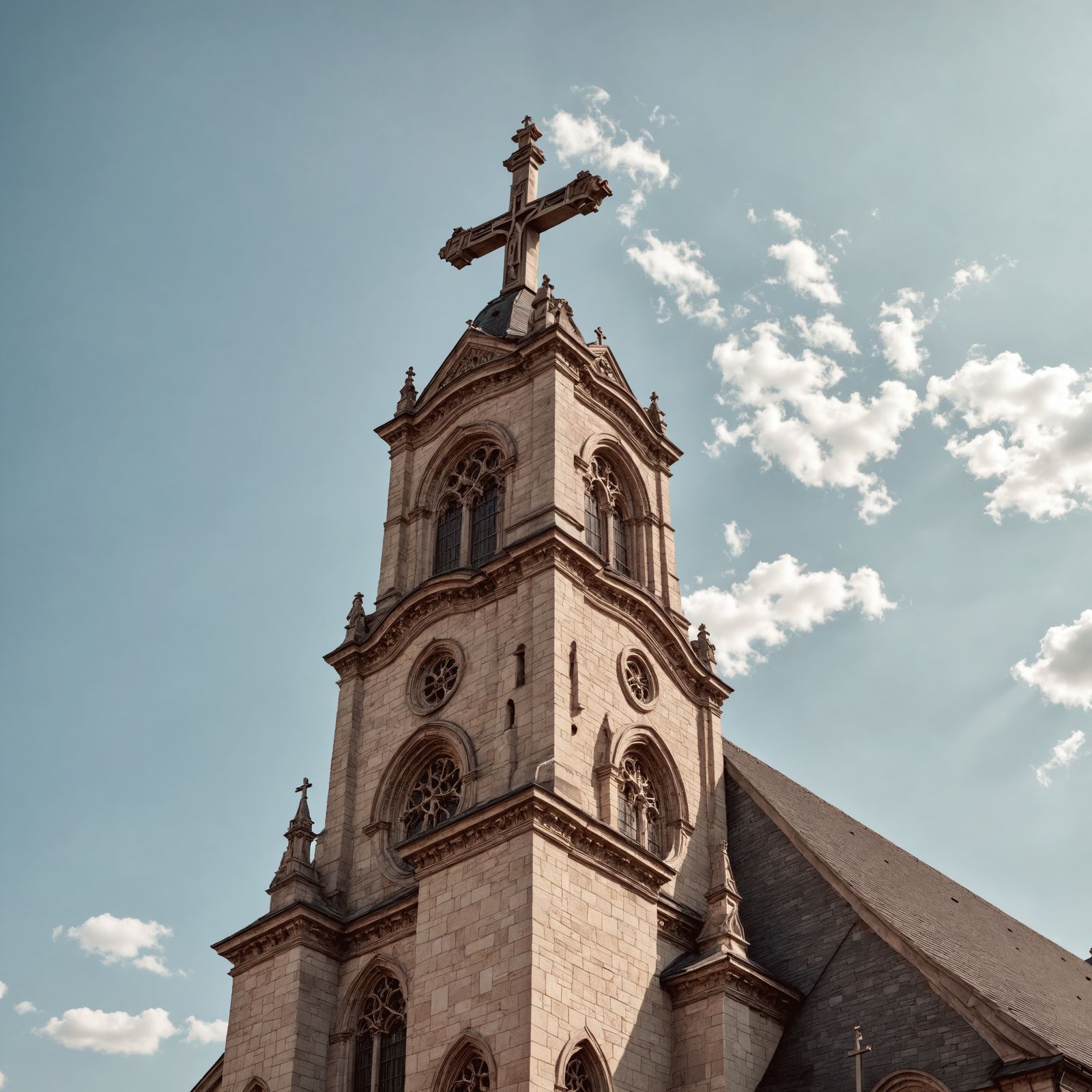 Hyperrealistic Church with a Cross in the Sky
