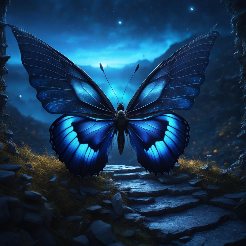 Mystical Blue Butterfly at Night, Fantasy Concept Art