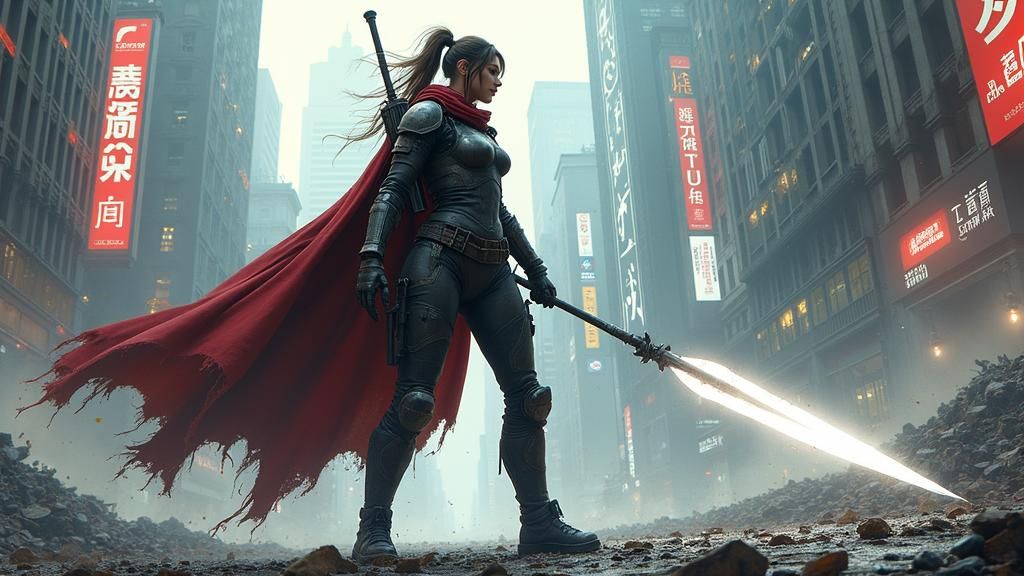 Dystopian Warrior with Spear in Mark Brooks Style