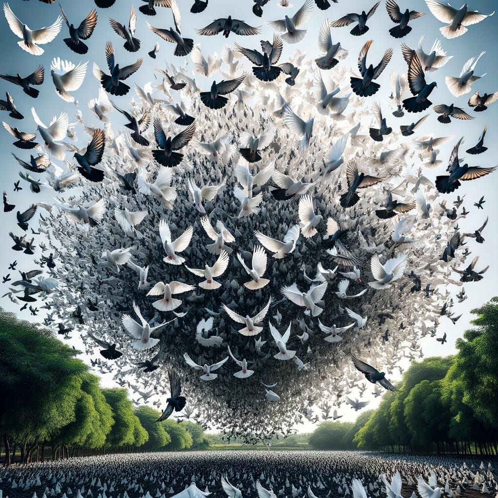 Explosion of White and Black Doves in Flight