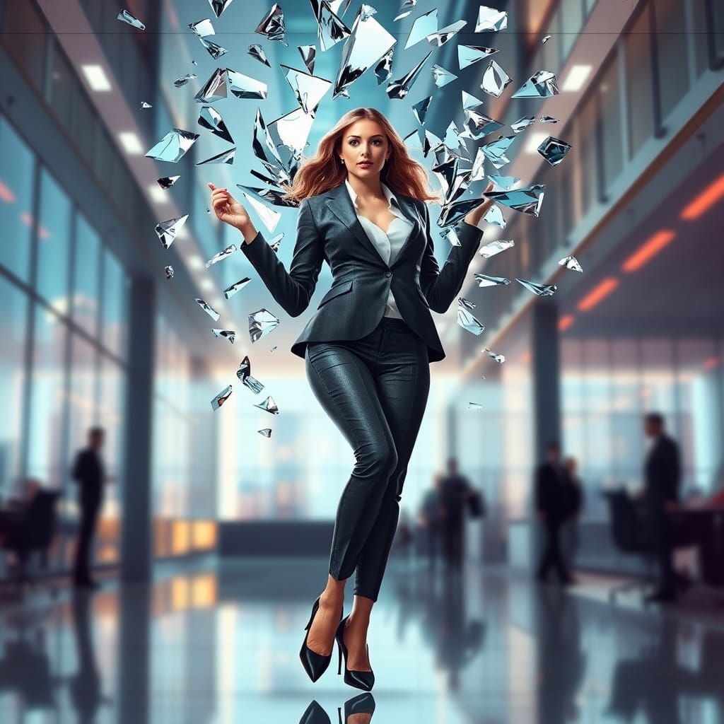 Businesswoman Shatters Glass Ceiling in Futuristic Style