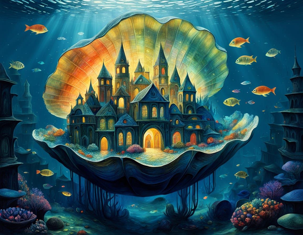 Underwater City in Clam Shell: Whimsical Art