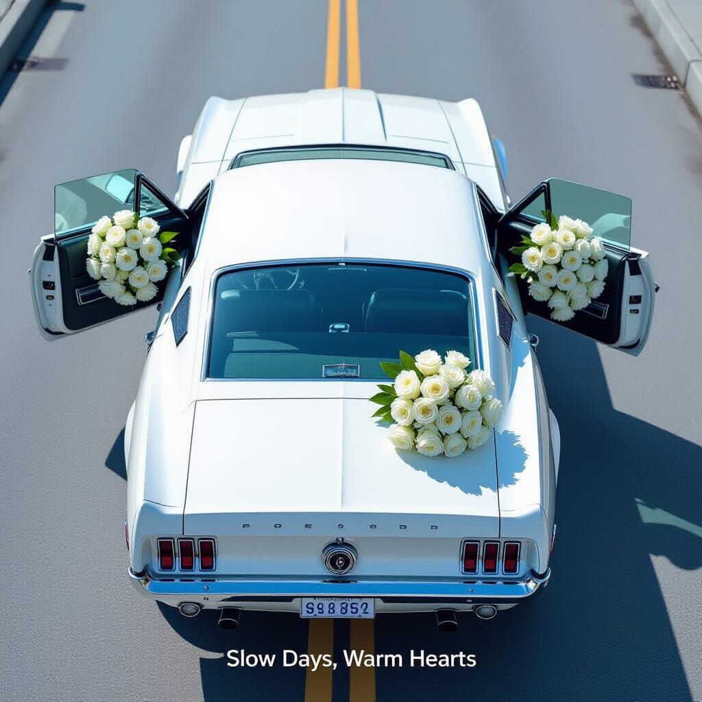 Gleaming White 1969 Ford Mustang with Roses, Bird's-Eye View