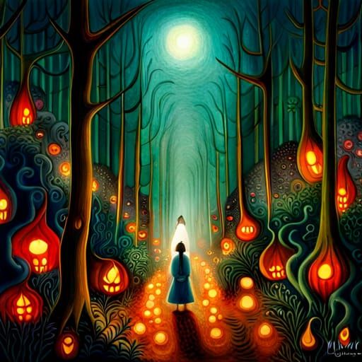 Haunted Forest with Glowing Lights in Surreal Style