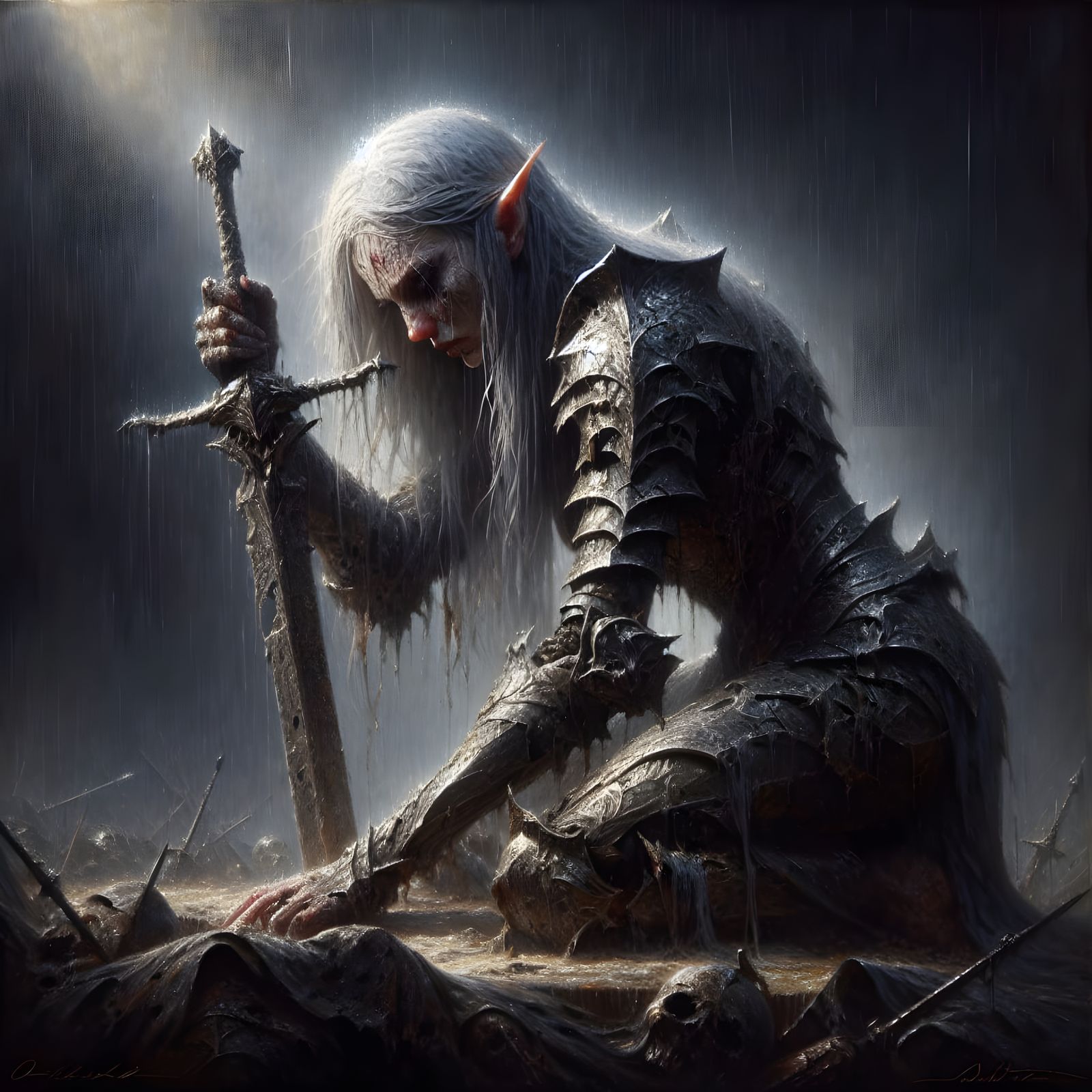 Dark Elf Warrior in Tenebrism Oil Painting