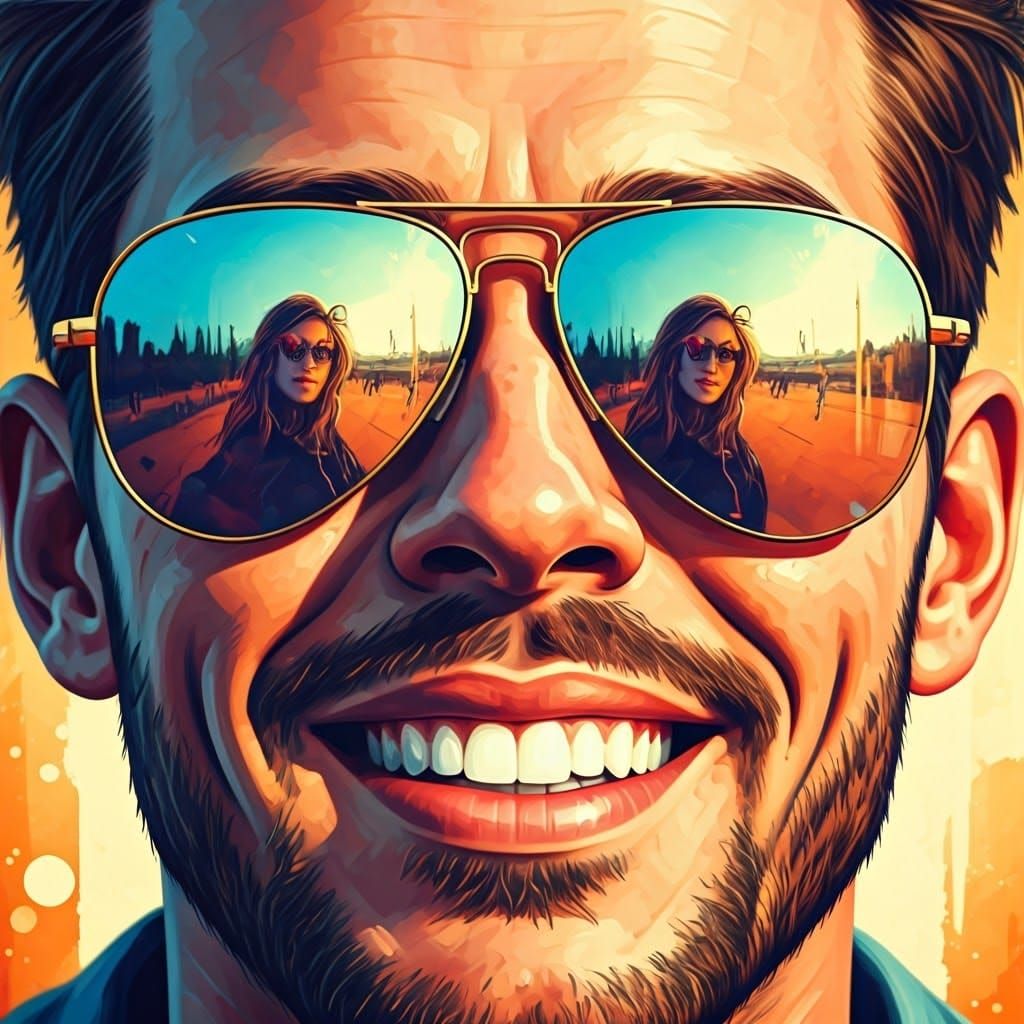 Joyful Man with Aviator Sunglasses and Mysterious Reflection