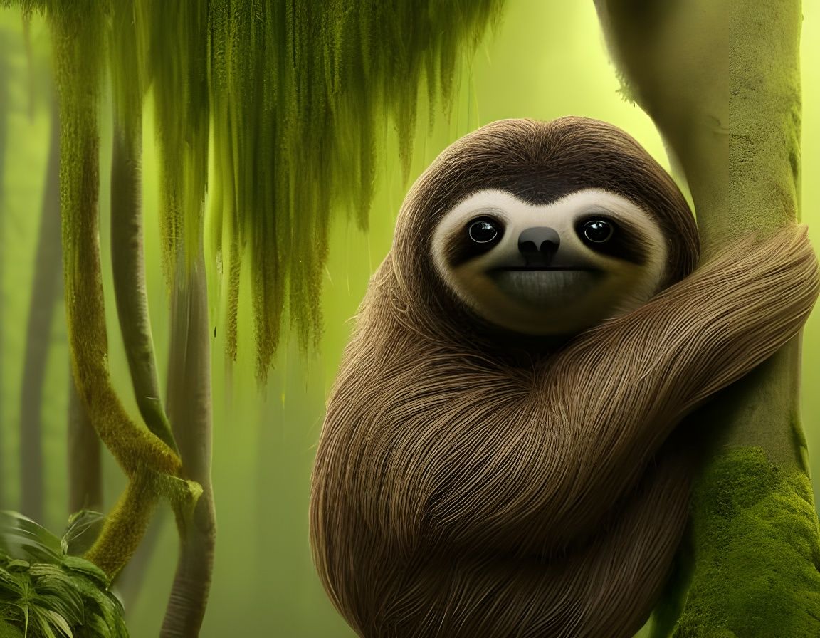 Hyperdetailed Mossy Sloth in Jungle Setting