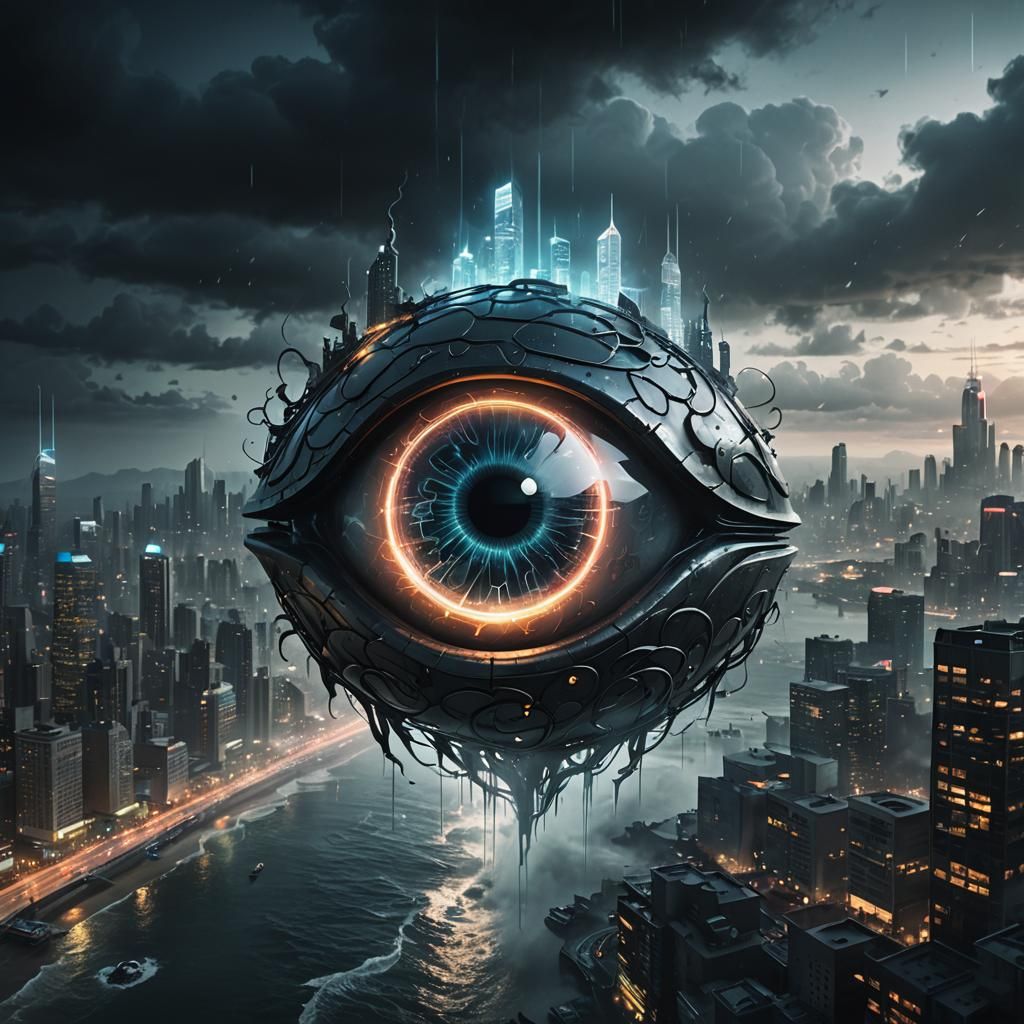 Glass 'A' with Brain and Eye in Dark Fantasy Cityscape