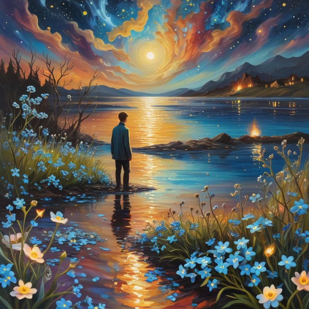 Surreal Forget-Me-Nots Bloom Under Starry Sky
