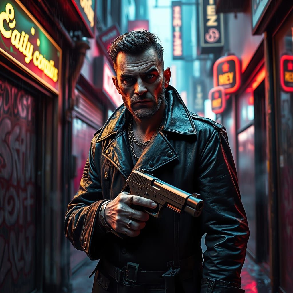 Cyberpunk Bounty Hunter in Rain-Slicked Alleyway