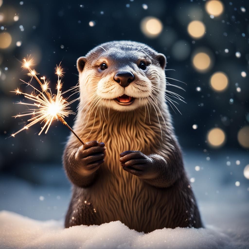 Happy Otter with Sparkler in Snowy Scene