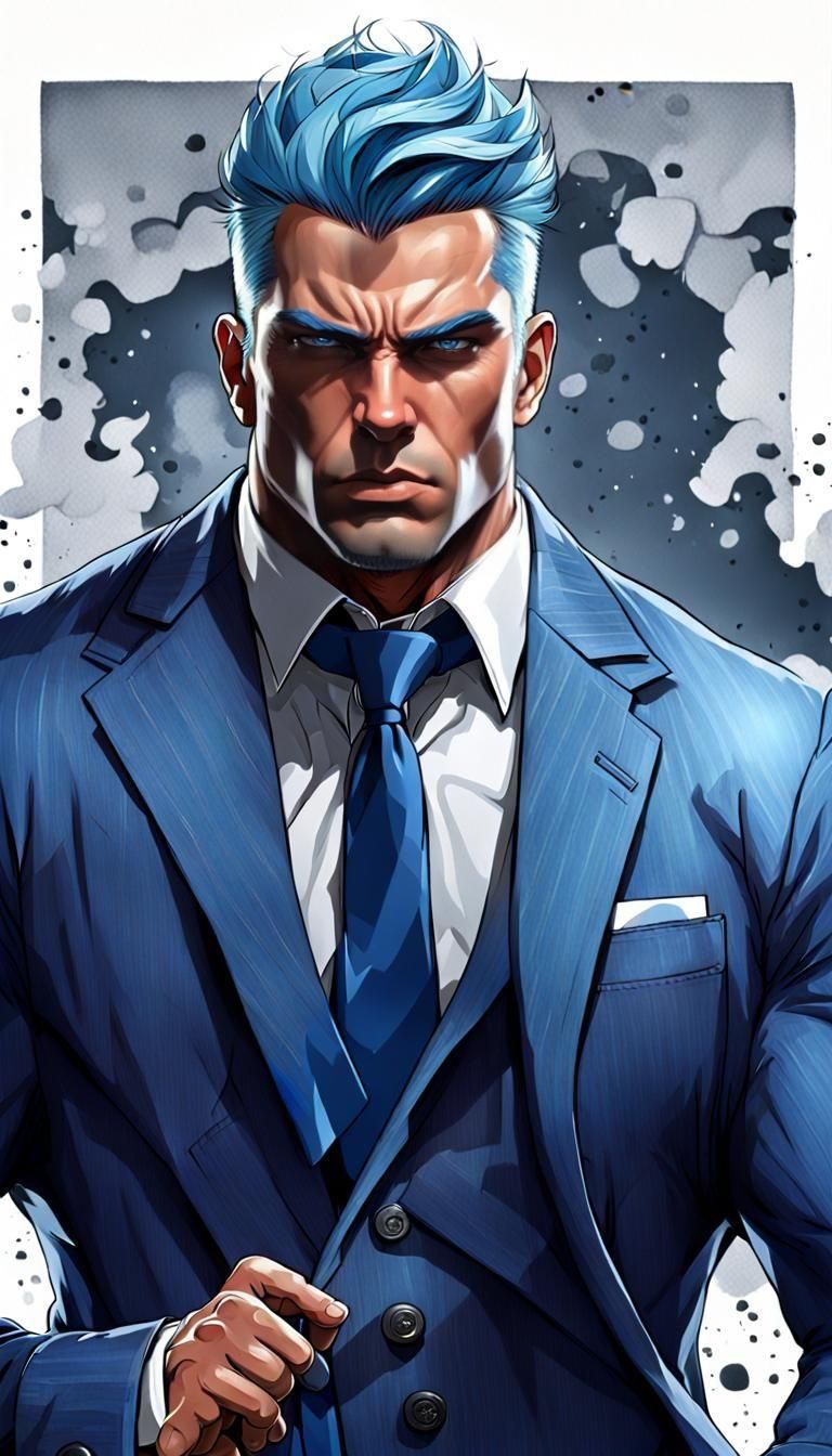 Handsome Blue-Haired Man in Blue Suit
