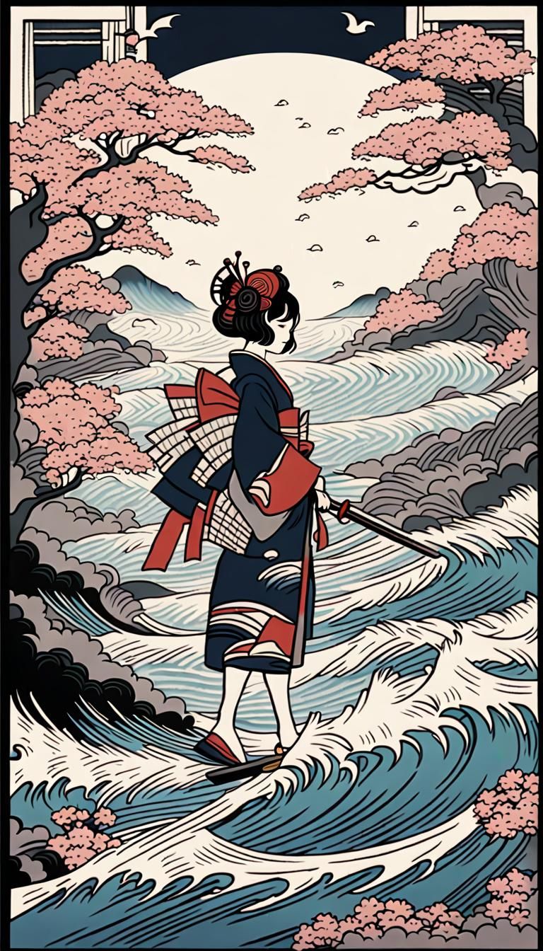 Geisha with Katana in Ukiyo-e Japanese Print Style