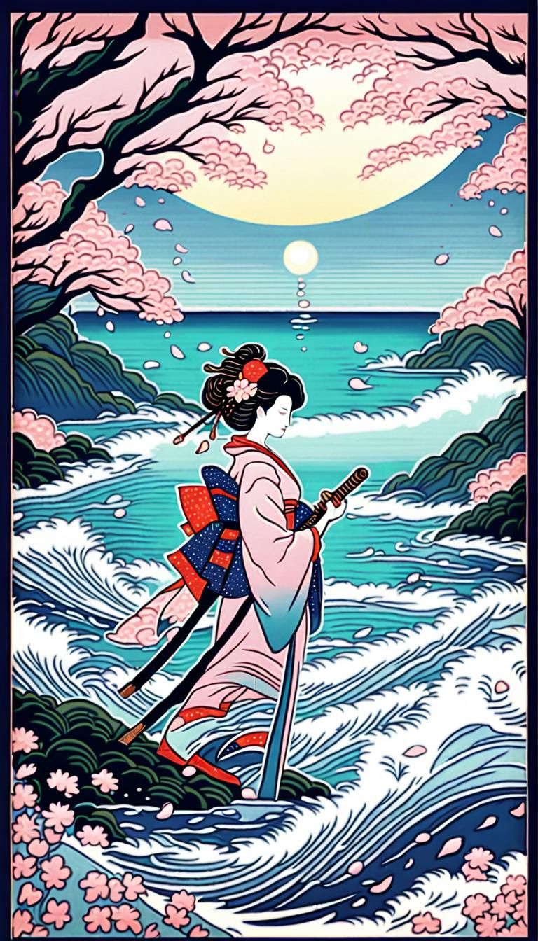 Geisha with Katana in Ukiyo-e Cherry Blossom Scene