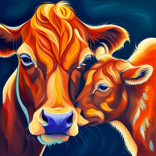 Affectionate Mother Cow and Calf in Abstract Art