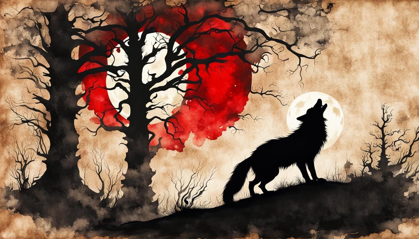 Werewolf Silhouette in Steampunk Ink Painting