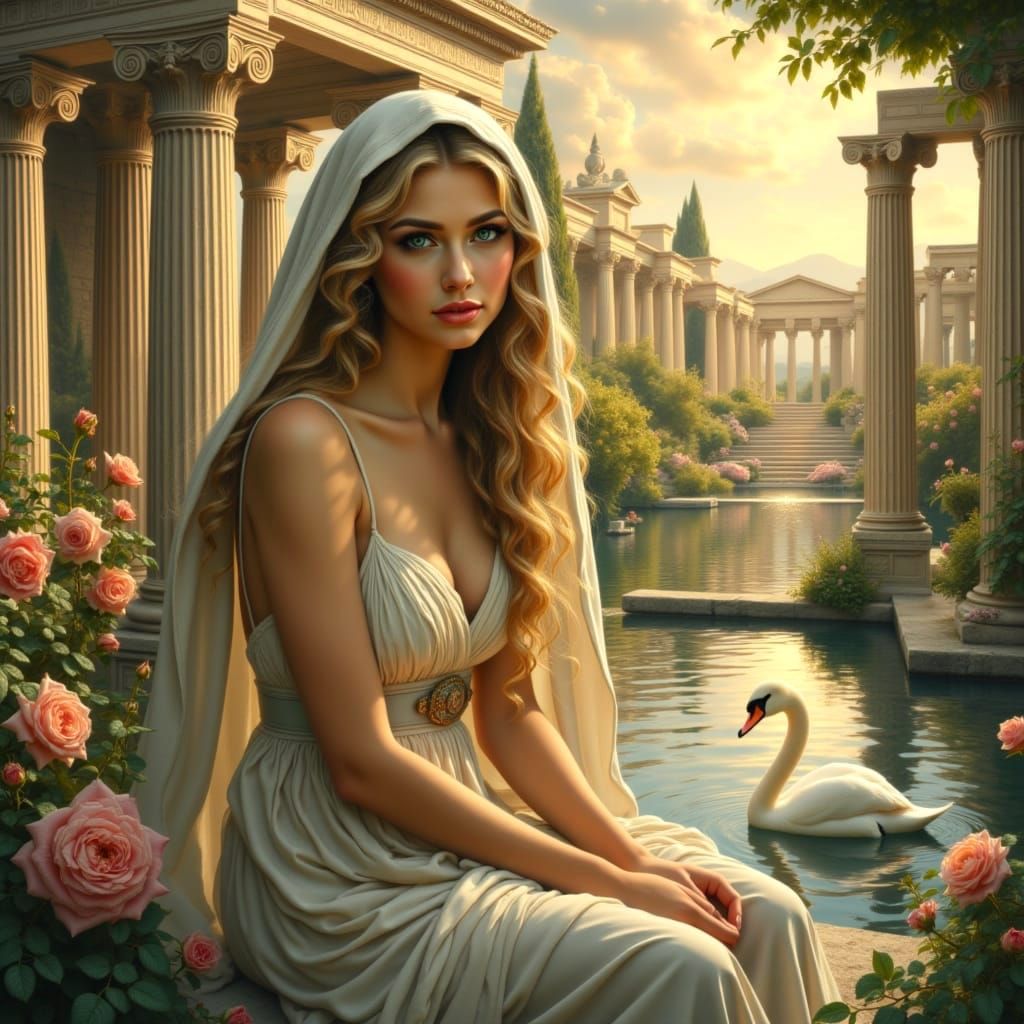 Ethereal Greek Goddess Amidst Rose Petal Ruins