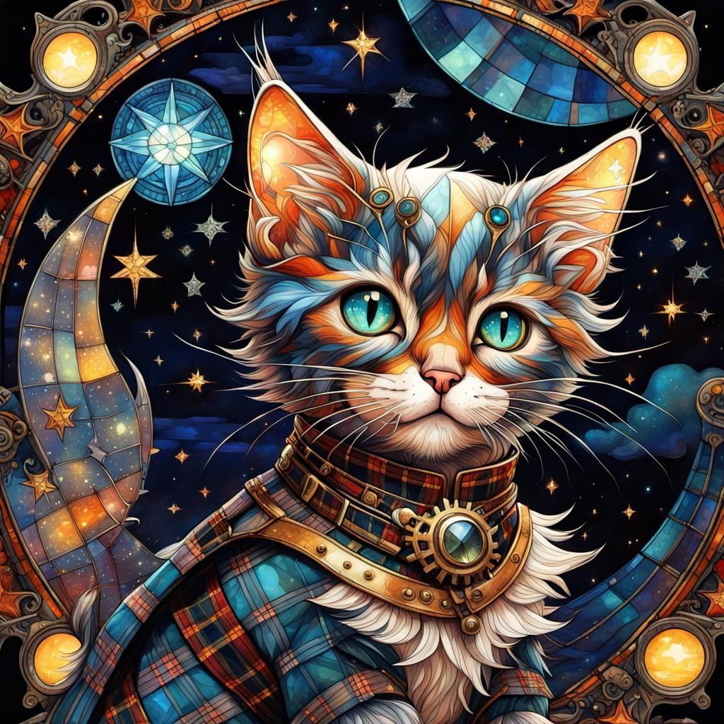 Steampunk Kitten in Plaid with Astral Patterns