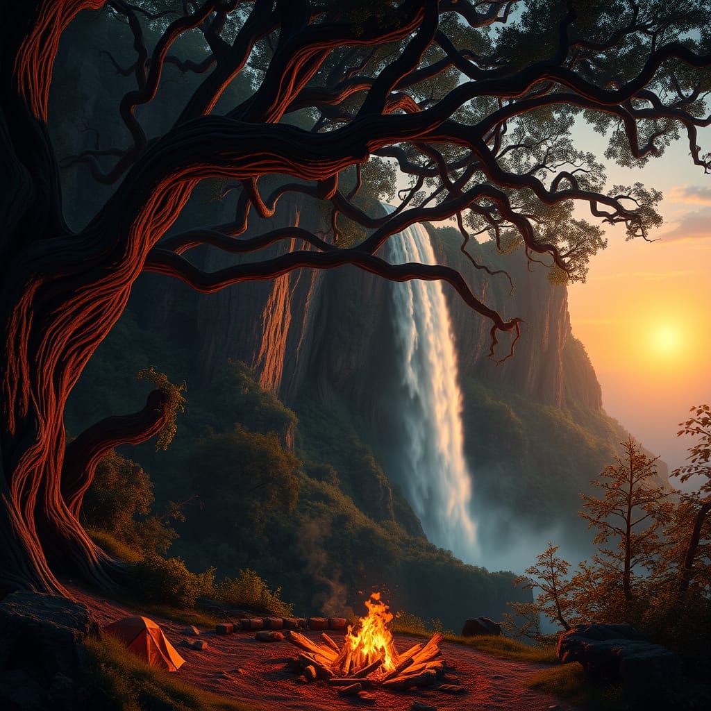 Majestic Sunset Waterfall Scene with Cozy Campsite