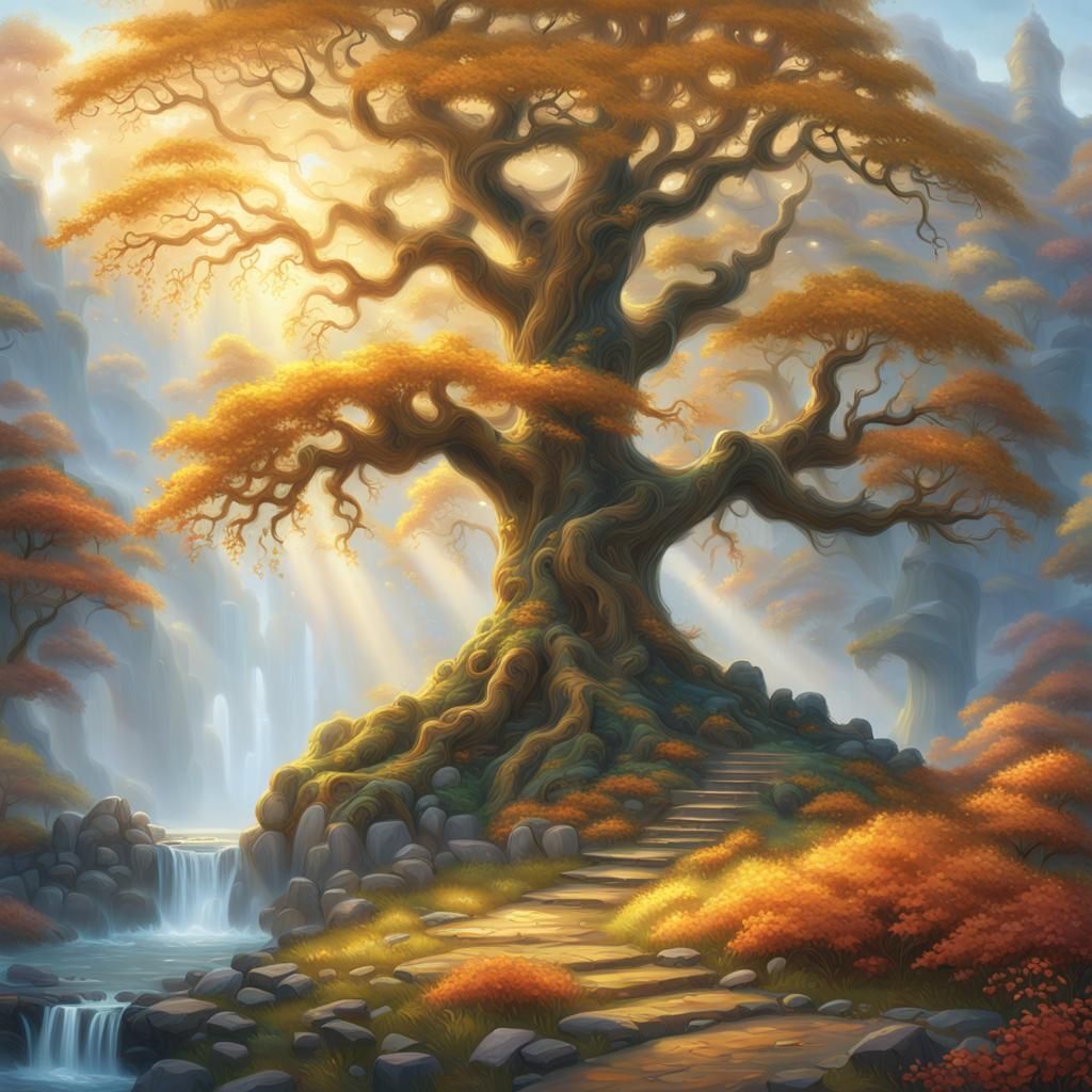 Glowing Tree of Paradise in Misty Landscape