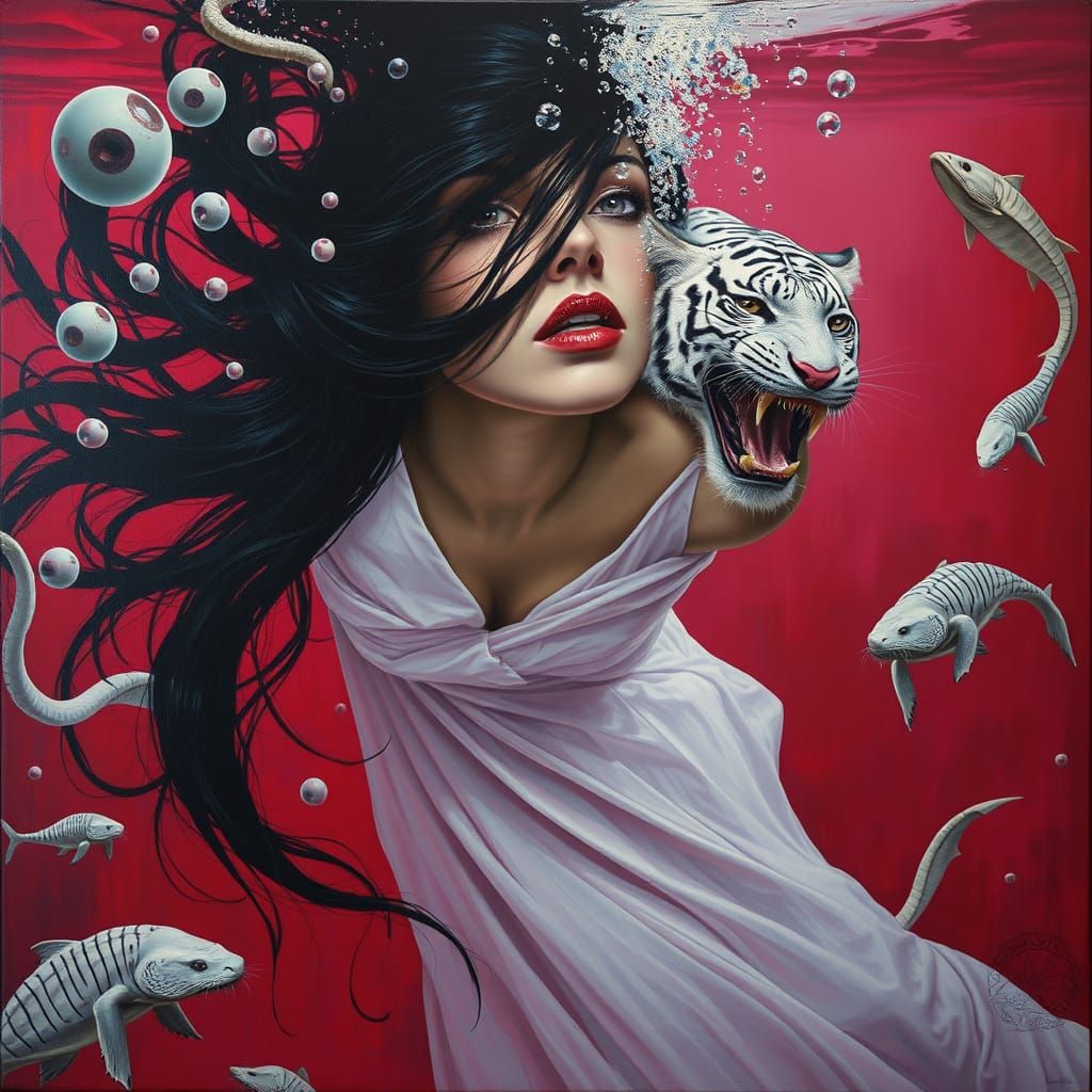 Surreal Underwater Scene with Woman in Red Water