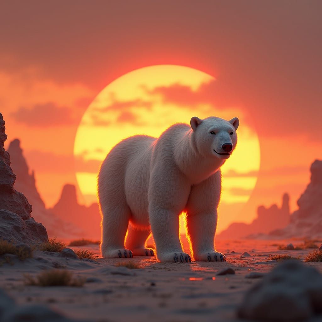 Surreal Sunset Desert Scene with Polar Bear