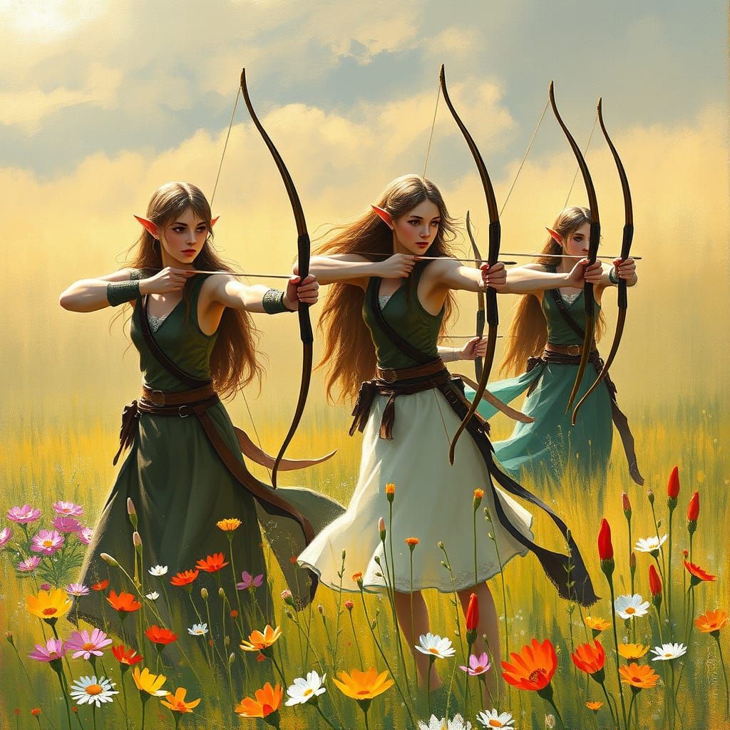 Elven Archers Practice in Impressionistic Wildflower Meadow