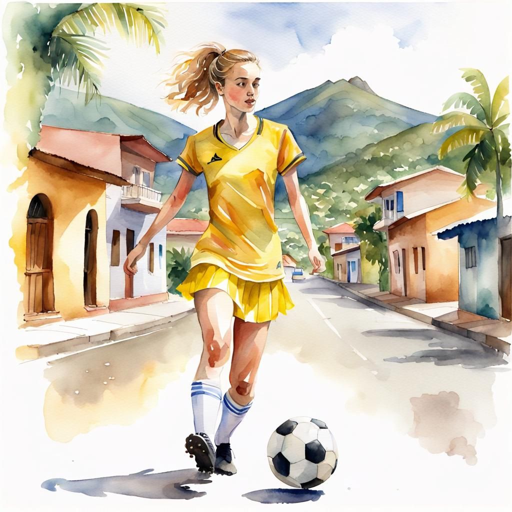Girl Plays Soccer in Caribbean Street: Watercolor Art