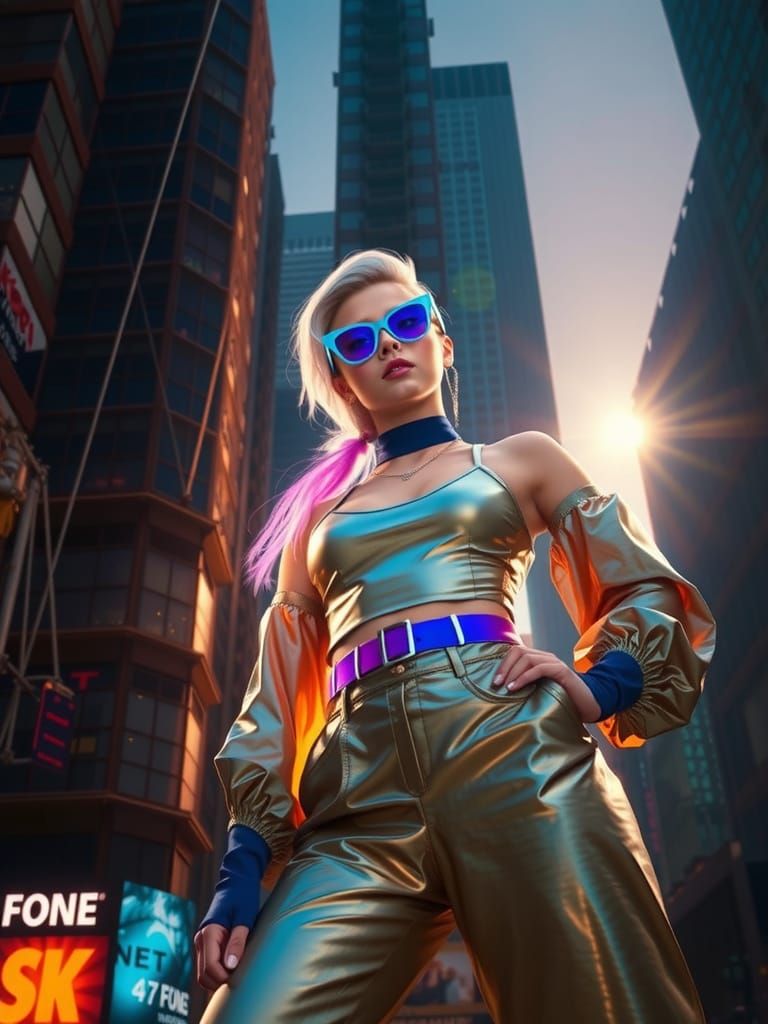 Confident Blond Teenage Girl Posing in Neon City