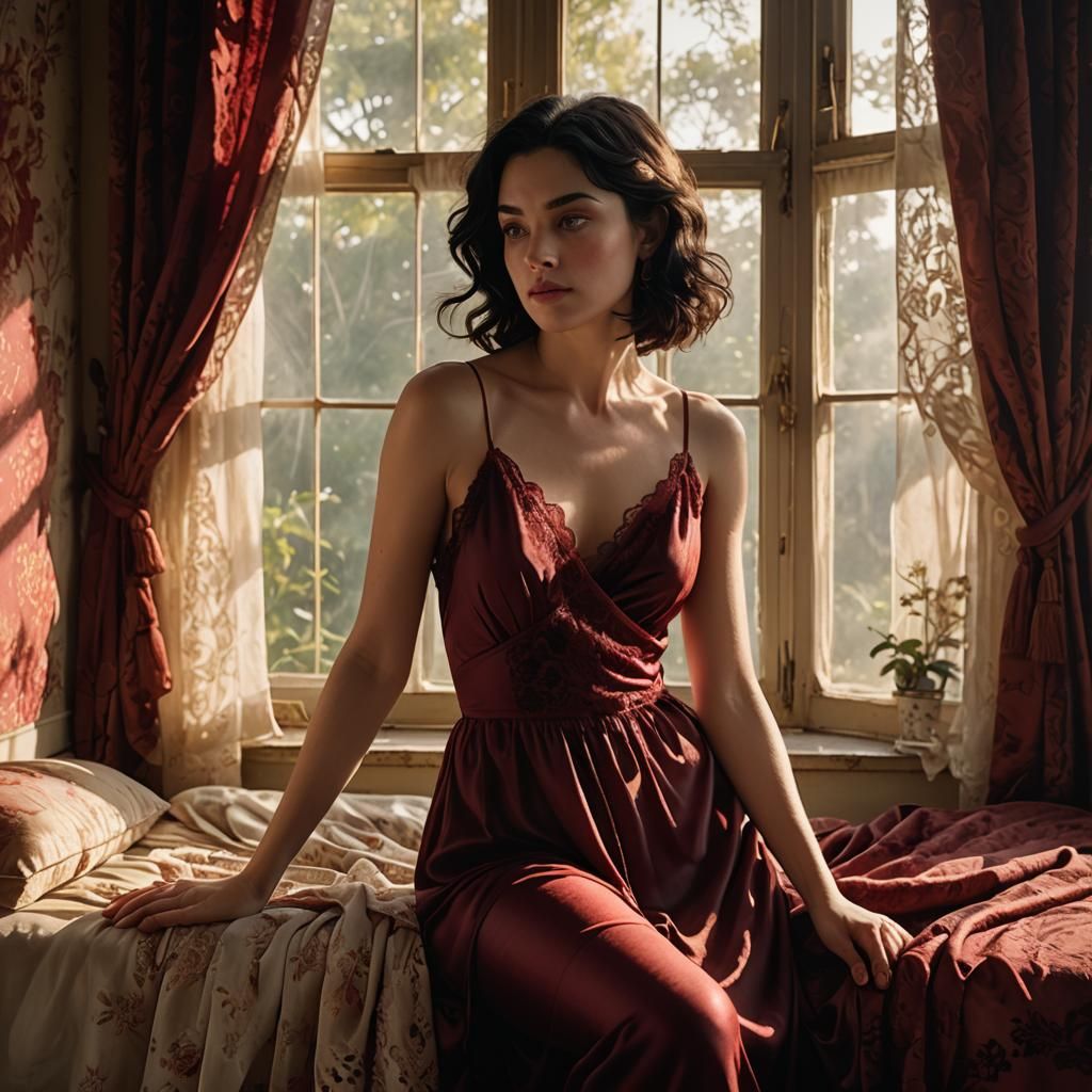 Crimson Silk in Sunlit Bedroom, Hyperrealism Style