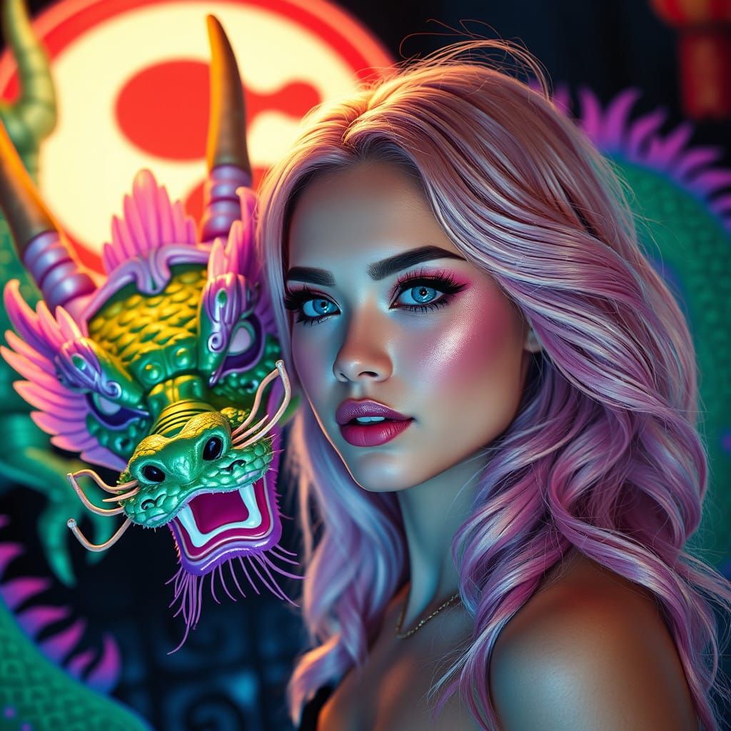 Hyper Realistic Asian Nighttime Portrait with Dragon and Bea...
