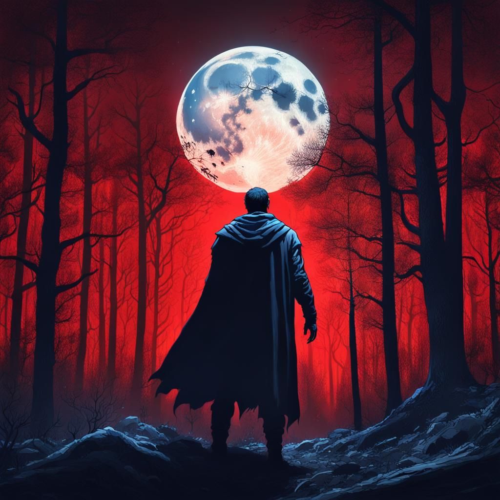 Mysterious Figure in Lunar Forest: Dark Fantasy Art