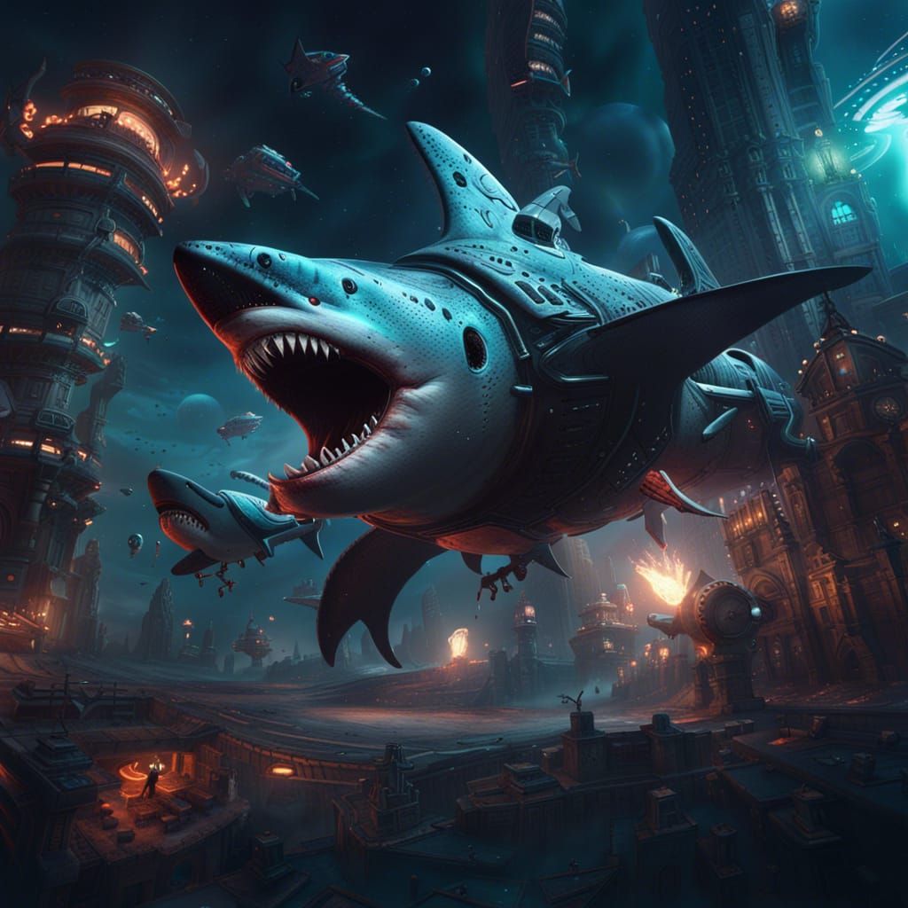 Space Sharks Invade Earth: Detailed Matte Painting