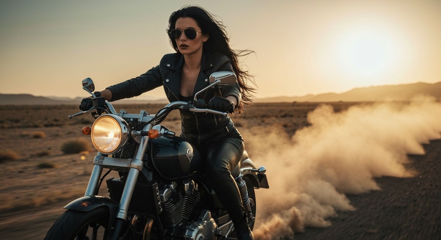 Motorcycle Rider in Desert at Sunset