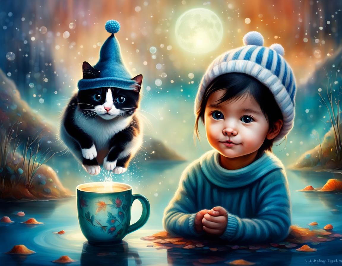 Kitten with Hat and Cup: AI-Generated Image